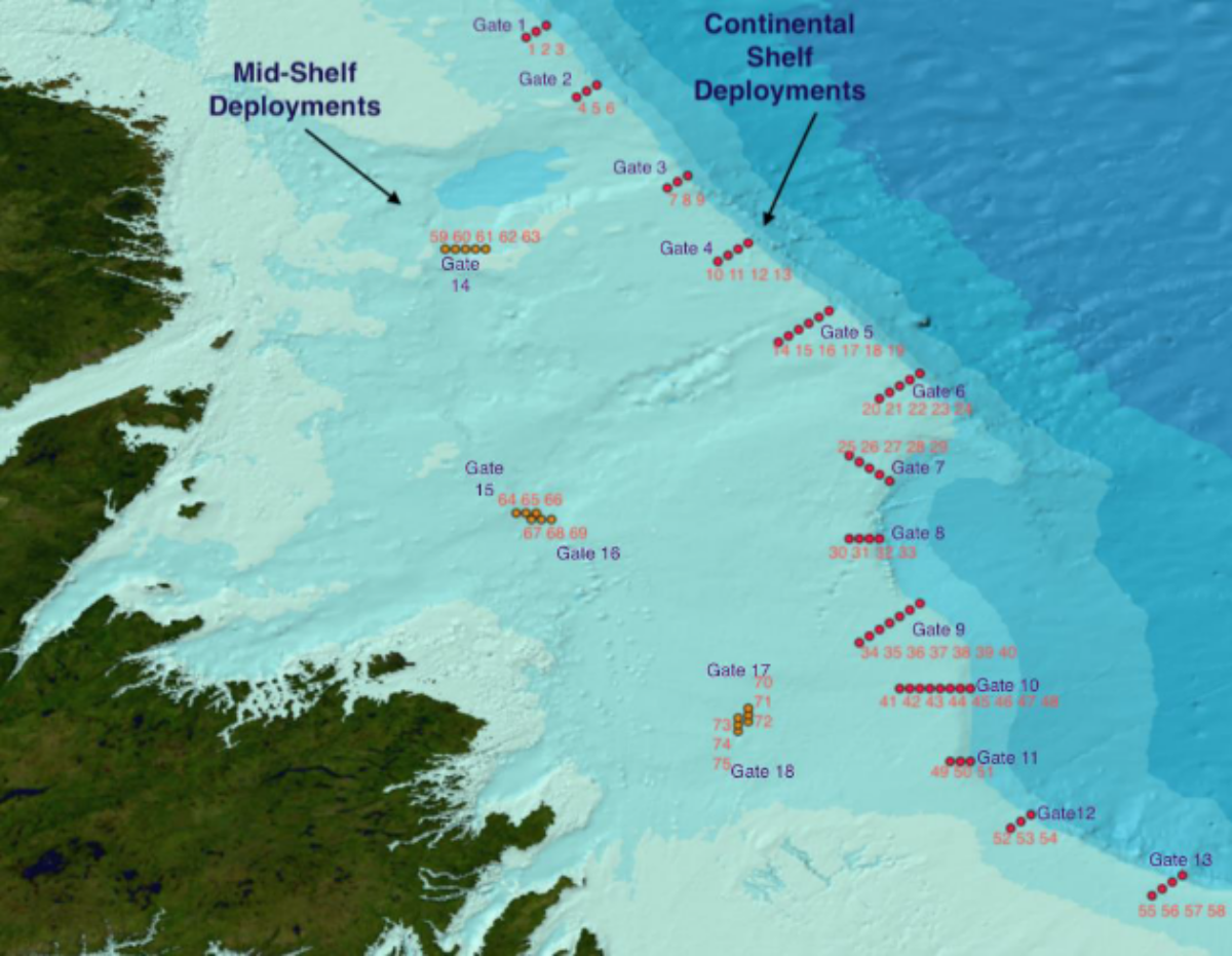 Mapa de receptores acústicos del norte del Bacalao