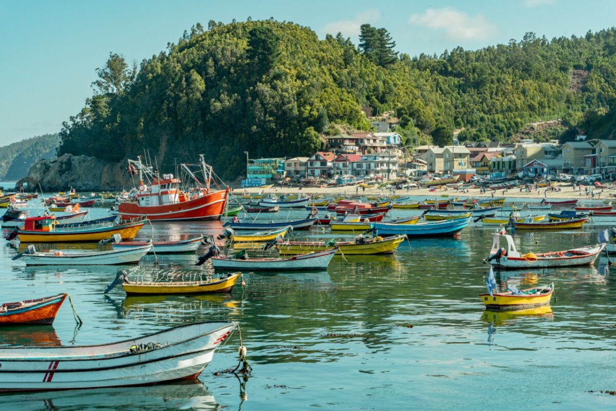 coloridos barcos de pesca y pueblo
