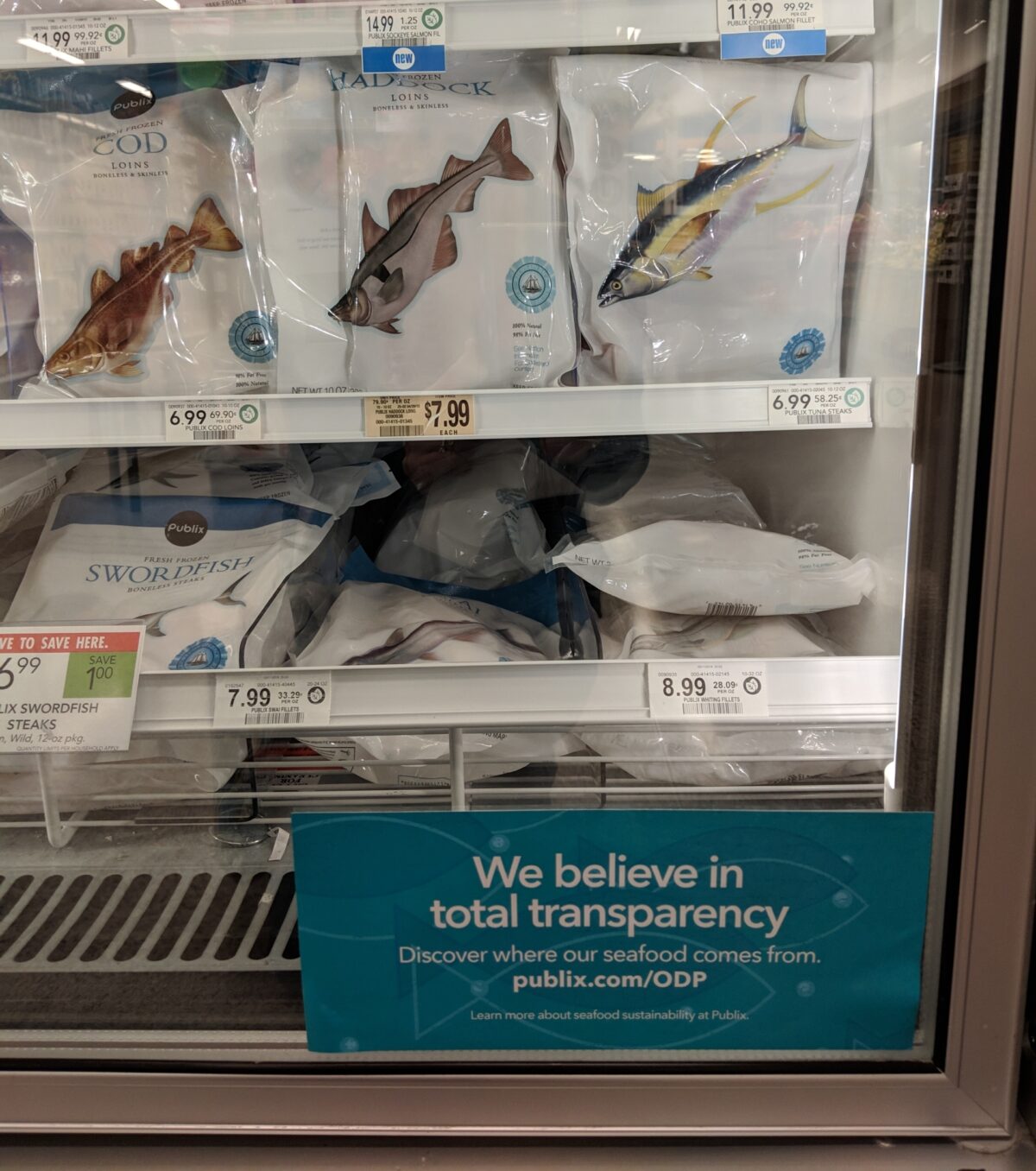 Publix ODP sticker on frozen fish case