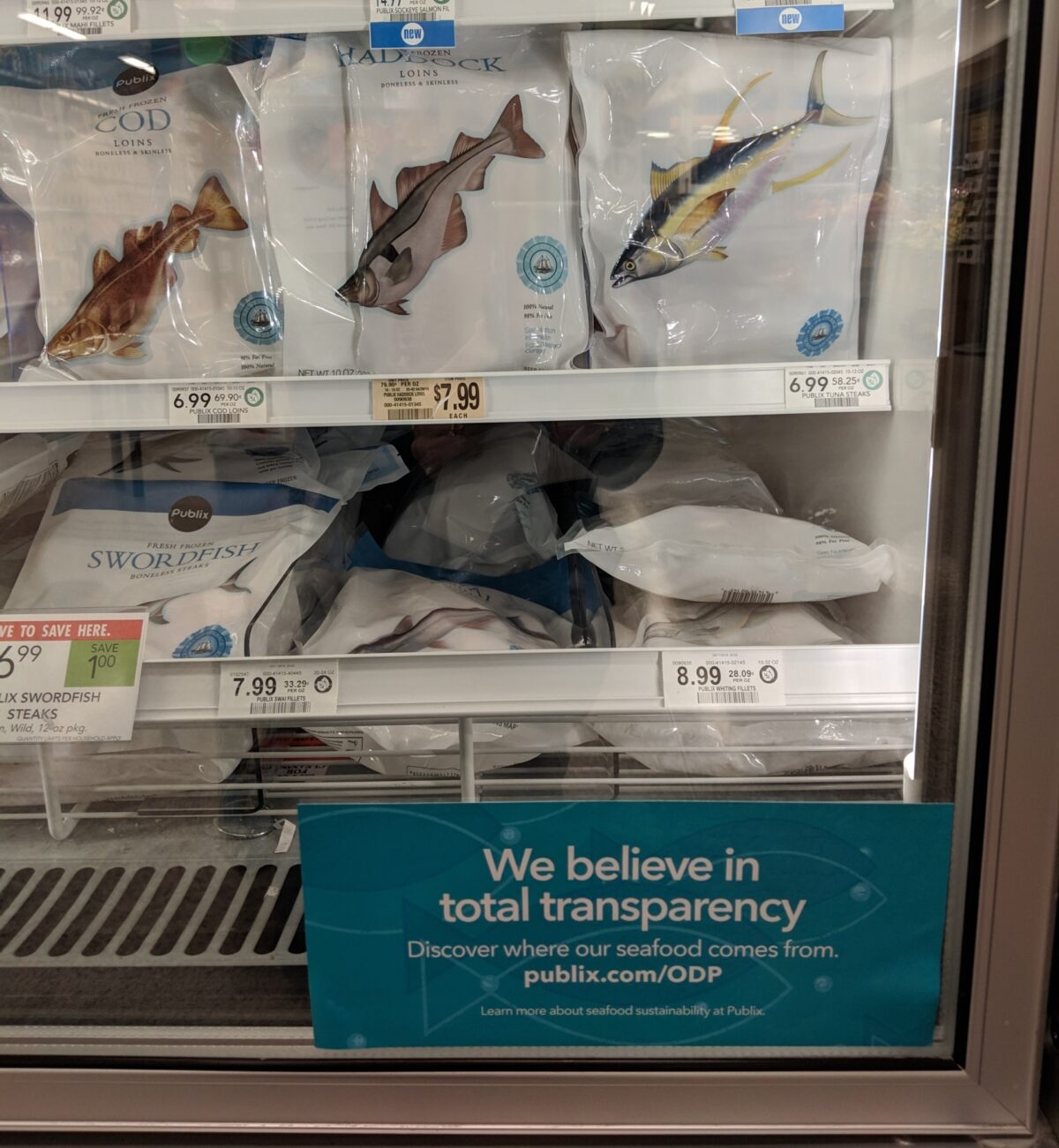 Publix ODP sticker on frozen fish case