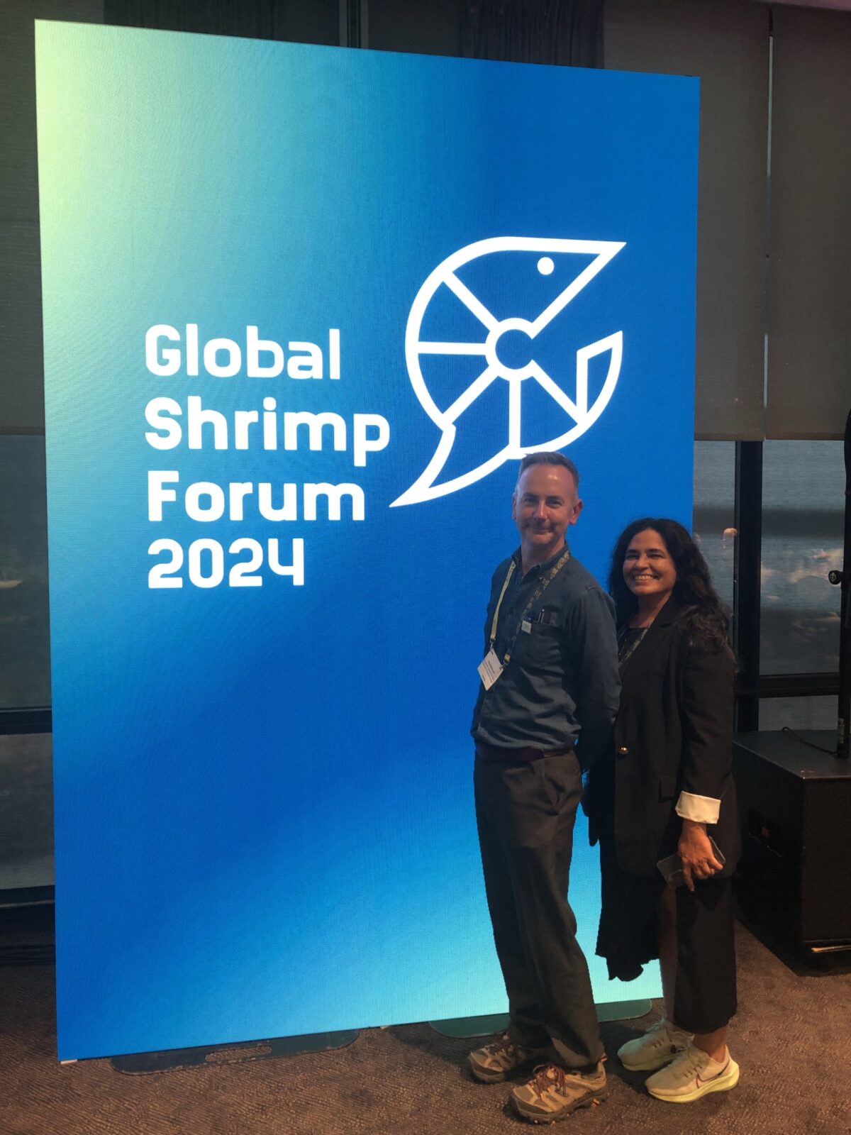 SFP Aquaculture Information Manager Paul Bulcock and Deputy Markets Director Mercedes Mendoza at the 2024 Global Shrimp Forum