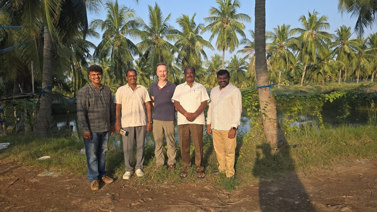 Aquaculture Information Manager Paul Bulcock and Seafood Solutions team at shrimp farming aquaculture operation in Andhra Pradesh, India