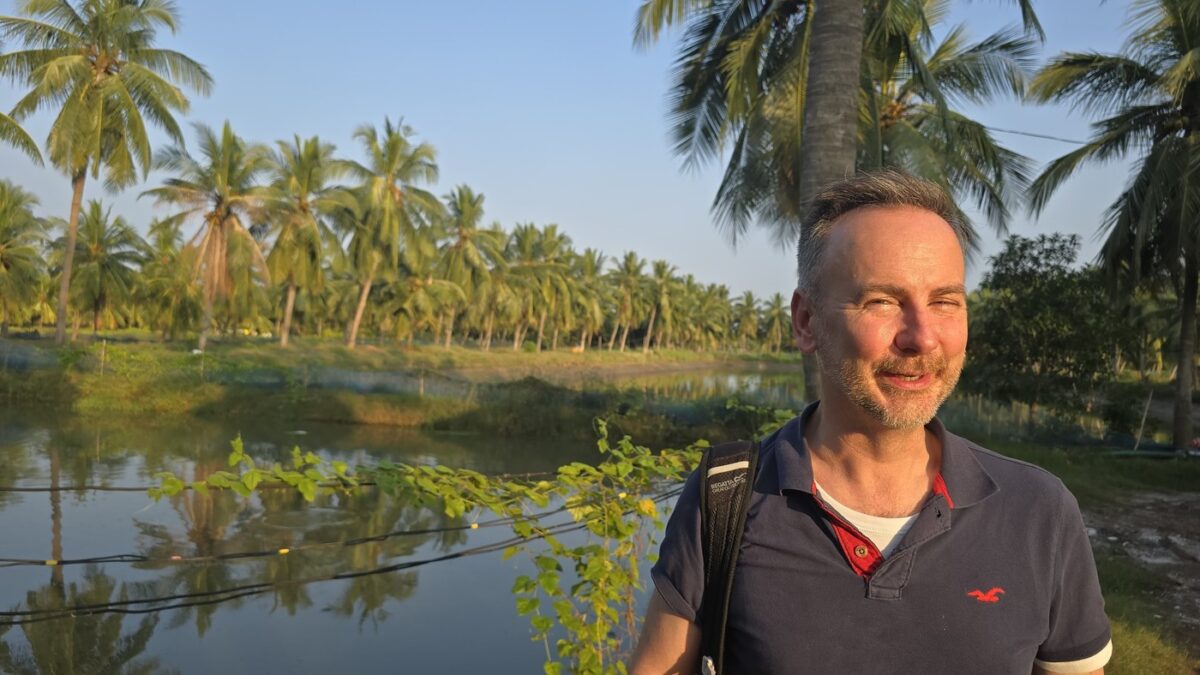 Aquaculture Information Manager Paul Bulcock at a shrimp aquaculture pond in Andhra Pradesh, India