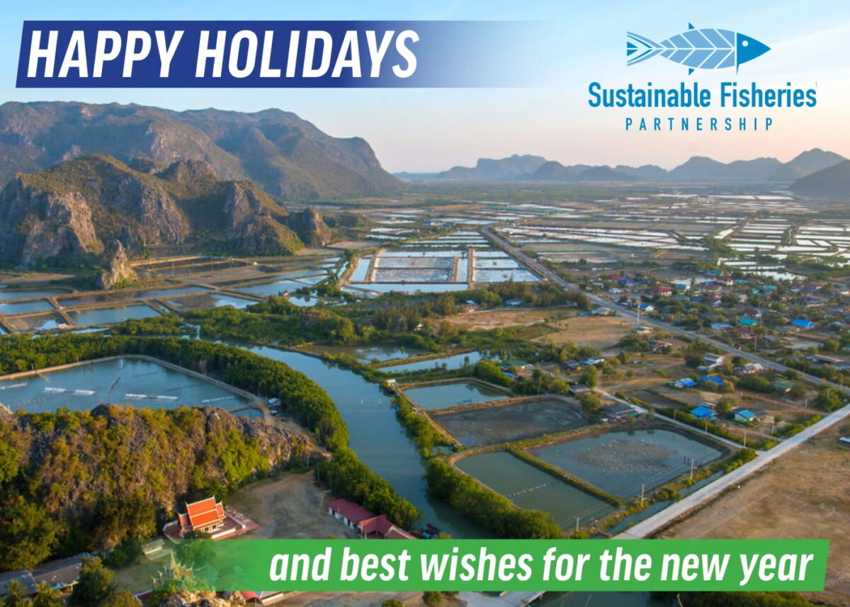 SFP 2024 holiday card showing a scene of aquaculture ponds in Thailand, with mountains and the sea in the background