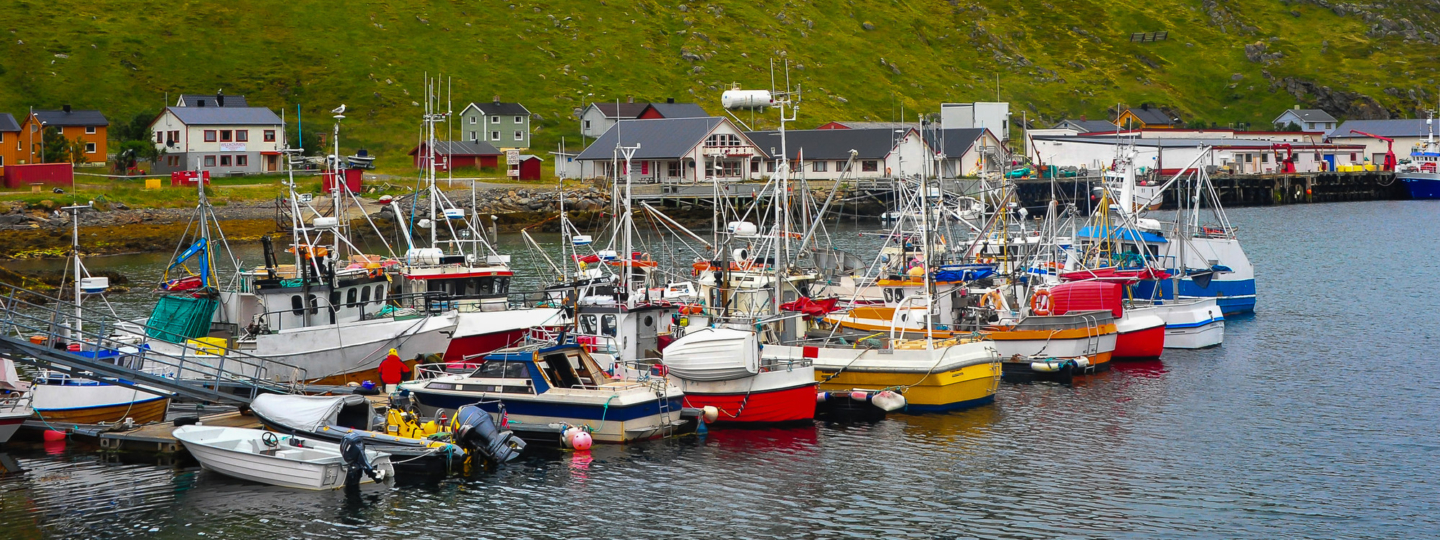 Colorful fishing boats lined up along a dock in front of a small fishing village in Norway