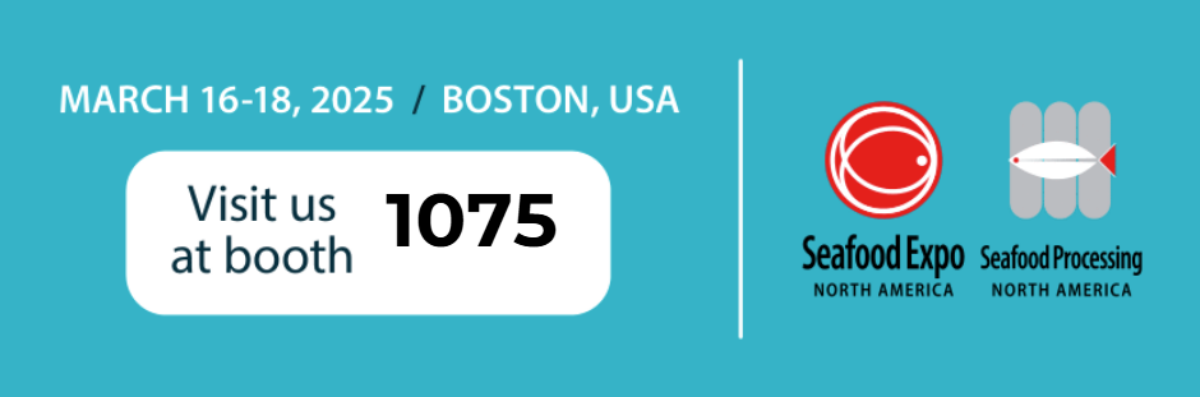 Graphic showing the dates of Seafood Expo North America, March 16-18, 2025, and the location, Boston, and SFP's Booth number, 1075