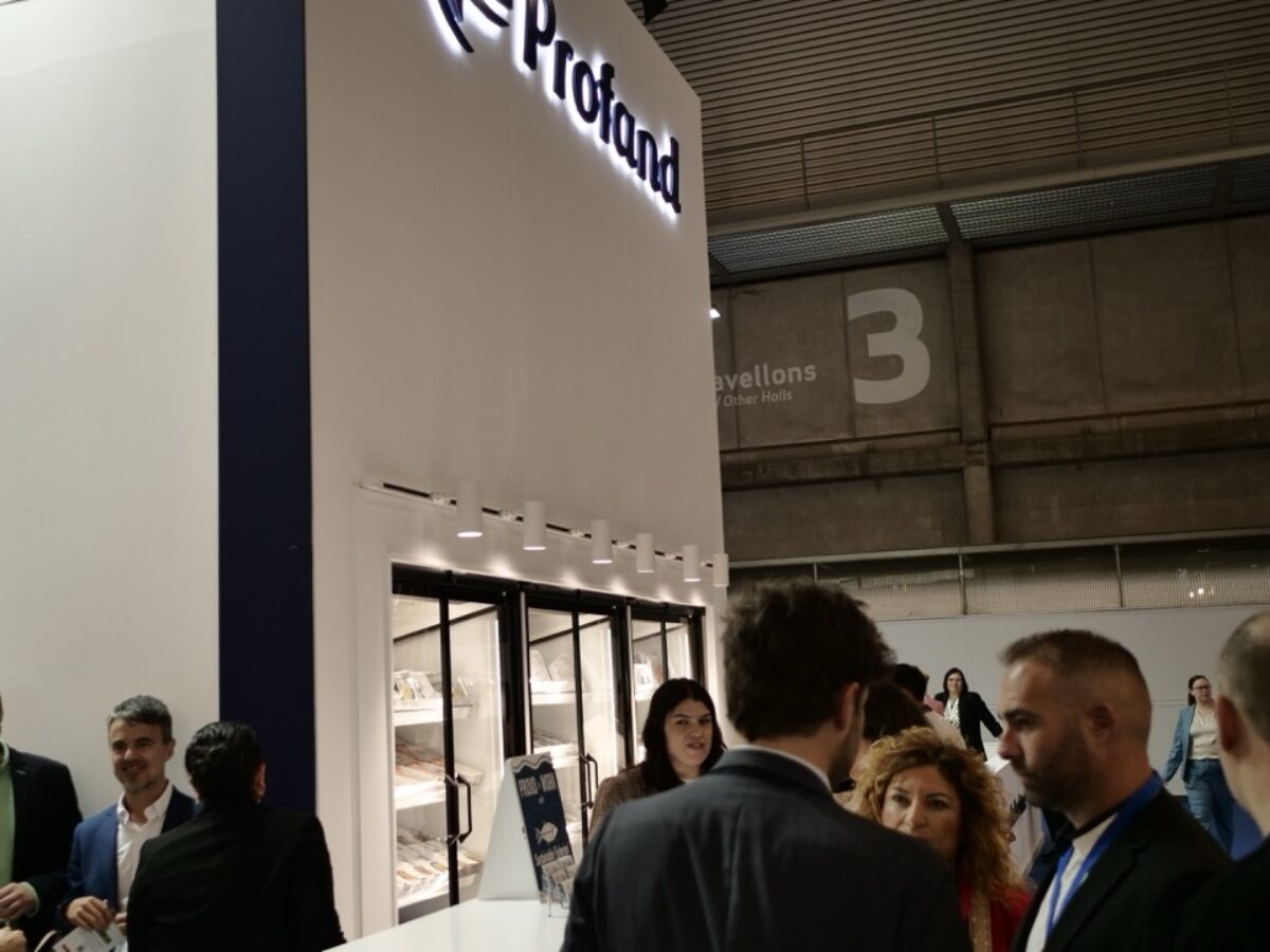 Proud to Work with SFP Sign displayed at the booth of Grupo Profand at Seafood Expo Global 2025
