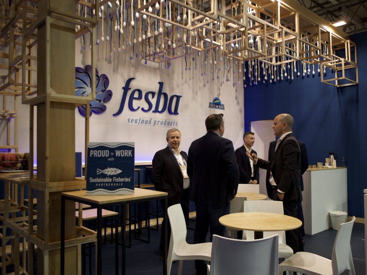 Proud to Work with SFP Sign displayed at the booth of Fesba at Seafood Expo Global 2025