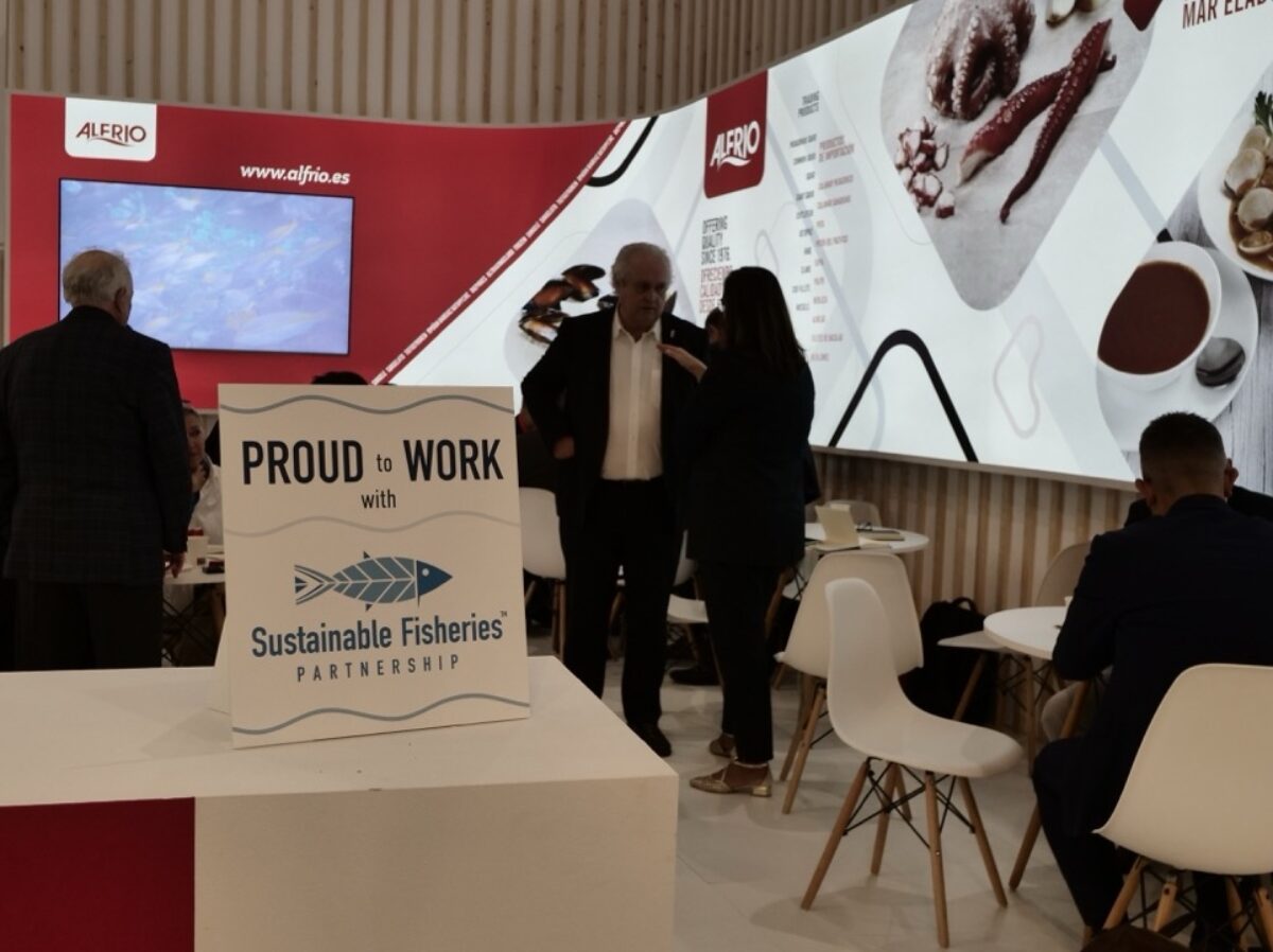 Proud to Work with SFP Sign displayed at the booth of Grupo Alfrio at Seafood Expo Global 2025