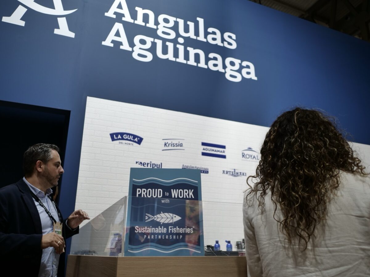 Proud to Work with SFP Sign displayed at the booth of Angulas Aguinaga at Seafood Expo Global 2025