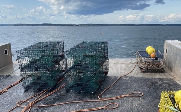 Ashored ropeless gear traps on the deck of a boat, with clouds looming above