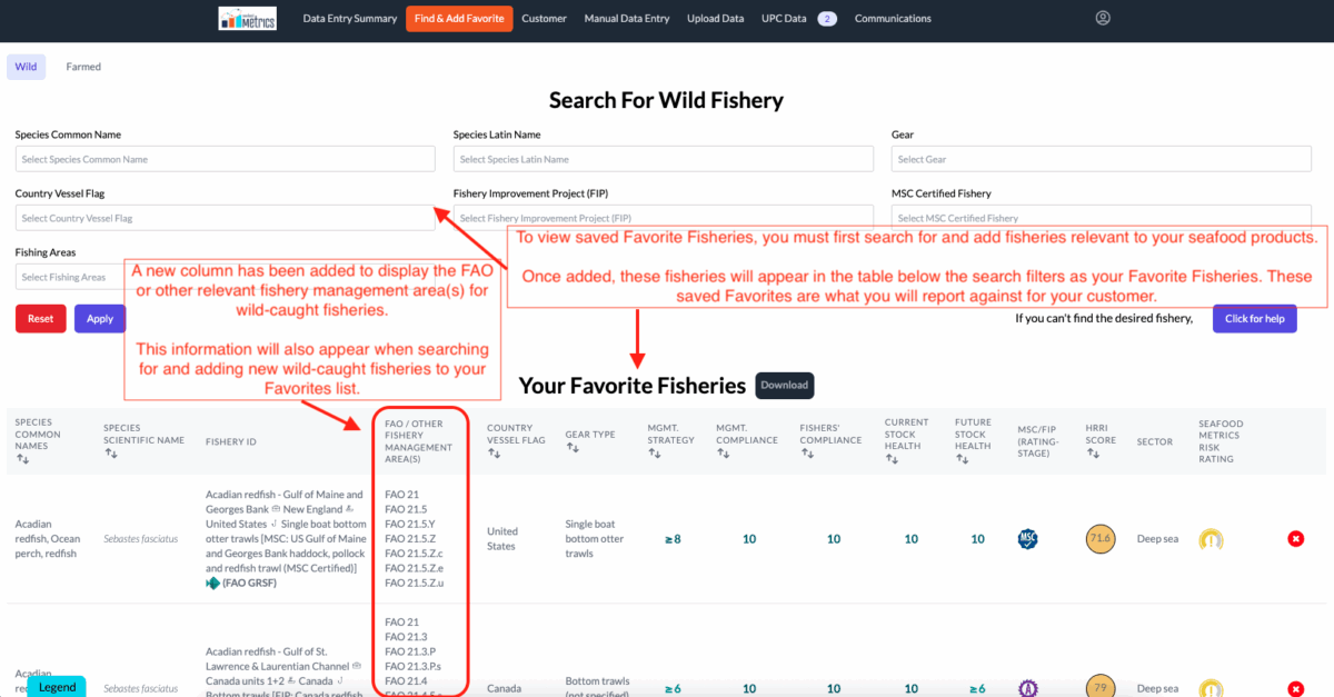 Screenshot of Supplier FAO area information in Seafood Metrics