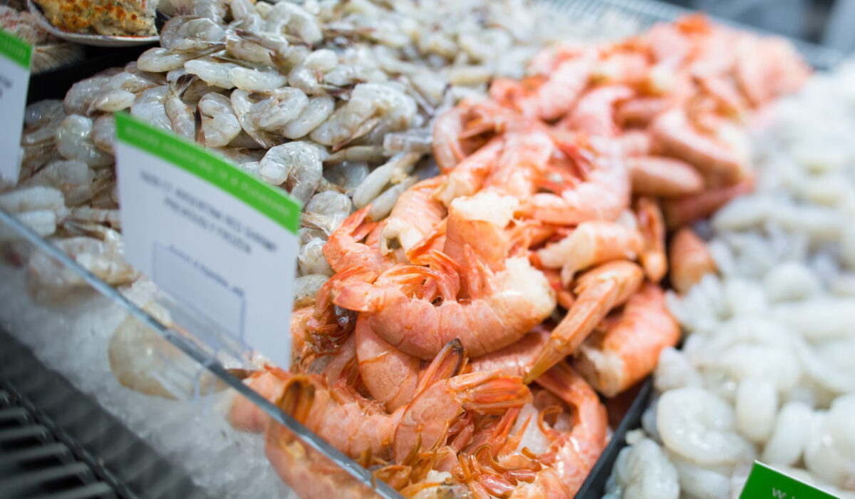 Shrimp on ice, for sale at a seafood counter in a Publix Supermarket