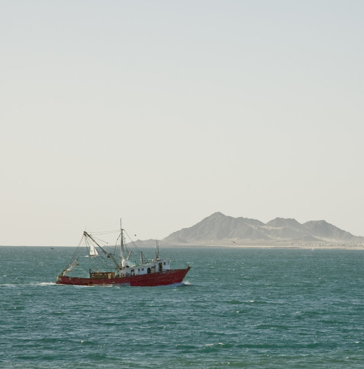 A red-hulled shrimping boat on the Sea of Cortez, with a mountainous coastline in the misty background