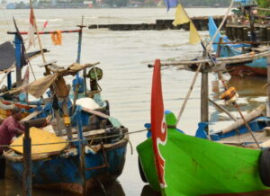 Colorful blue swimming crab fishing boats in a bay