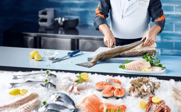 A fresh fish counter at a Migros supermarket