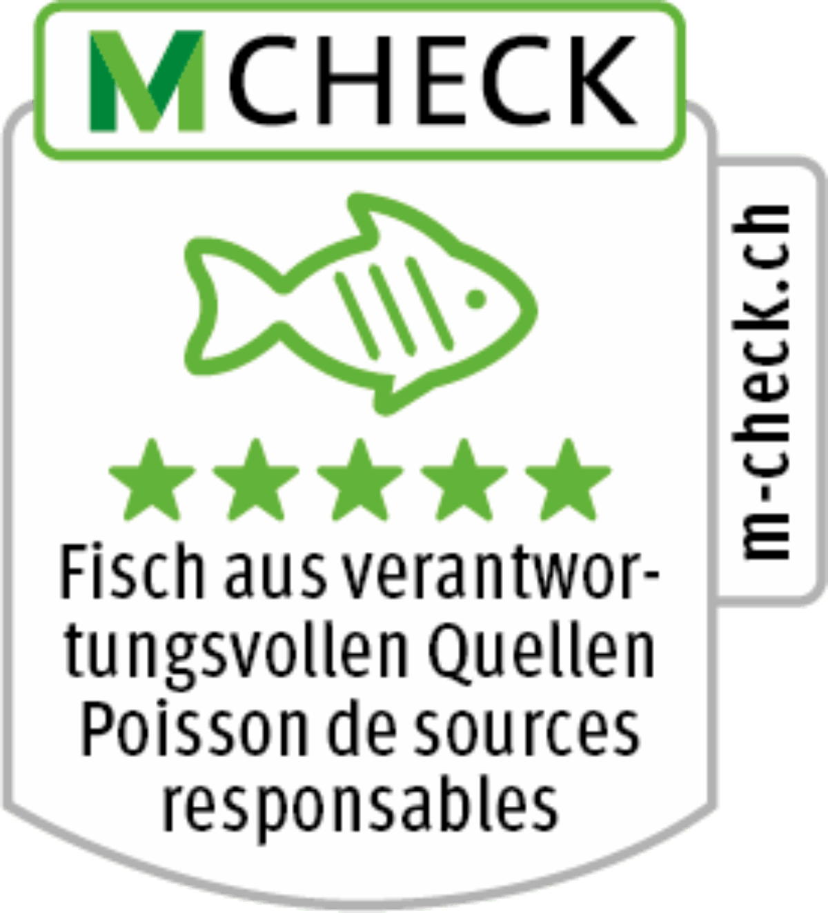 The M-Check seal, showing a green fish with 5 green stars and the words 