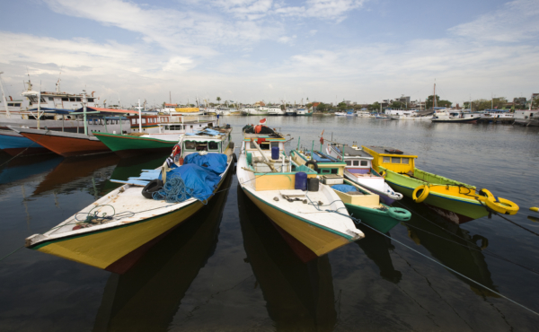 Colorful fishing boats lined up in Makassar harbor