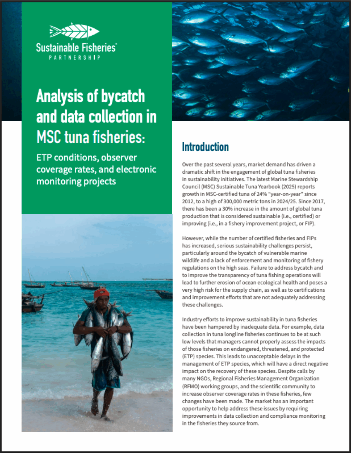 Screenshot of the front cover of the SFP briefing,Analysis of bycatch and data collection in MSC tuna fisheries: ETP conditions, observer coverage rates, and electronic monitoring projects