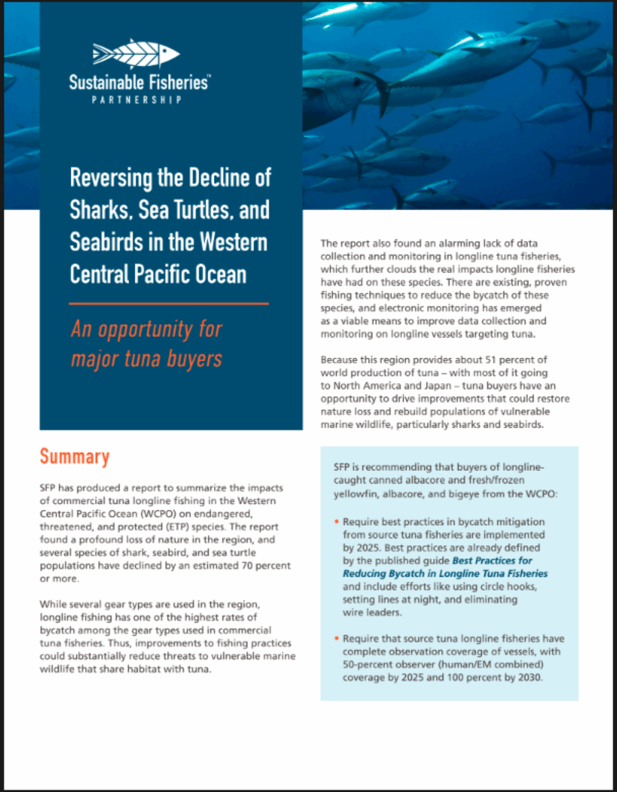 Screenshot of the front cover of the SFP briefing: Reversing the Decline of Sharks, Sea Turtles, and Seabirds in the Western Central Pacific Ocean An opportunity for major tuna buyers