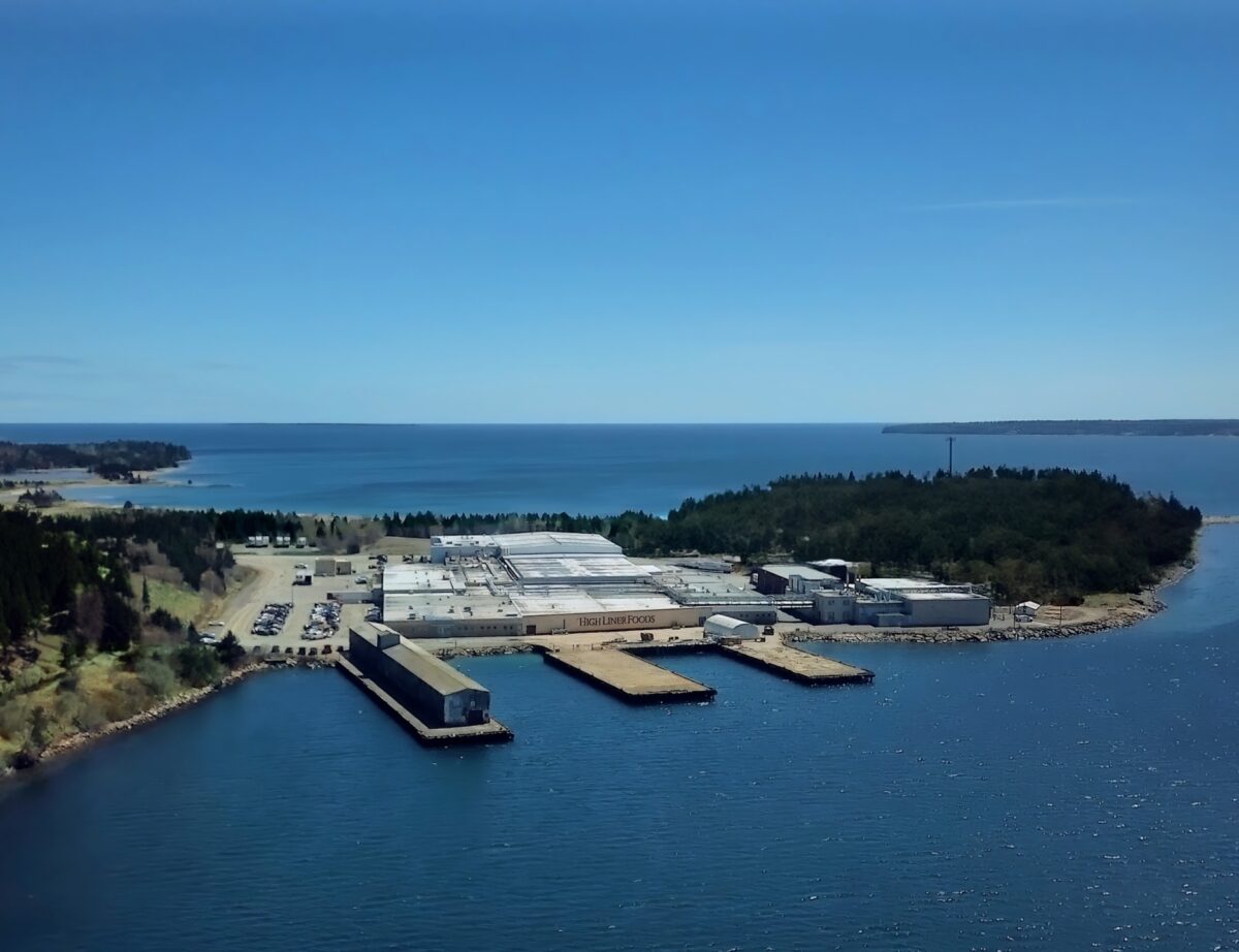 An aerial shot of a High Liner foods plant on the water