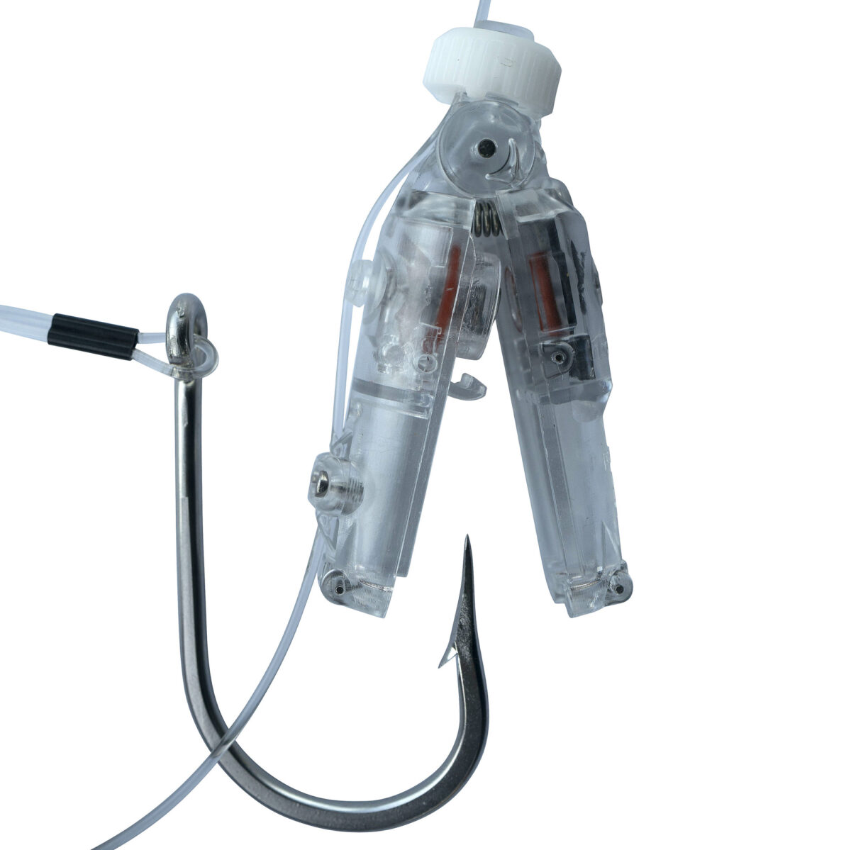 A fish hook with a hook pod above it, showing how the hookpod covers the hook