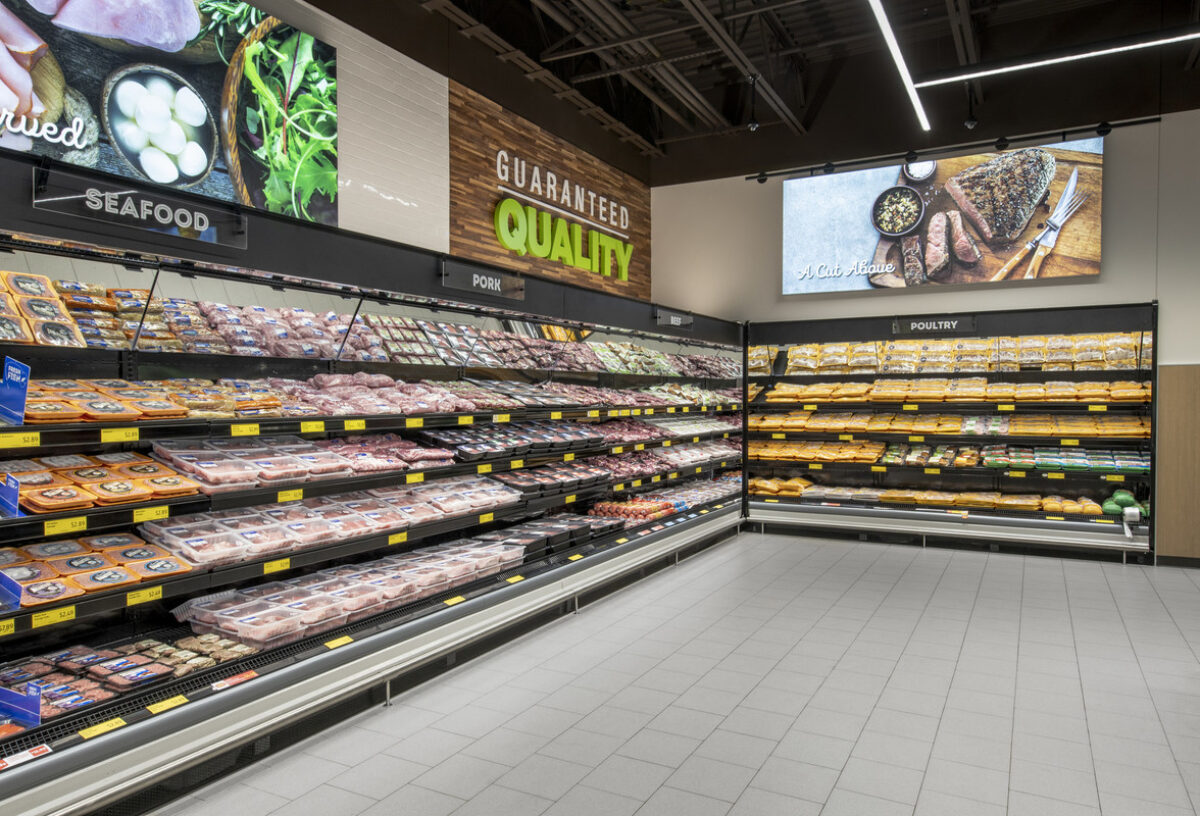 Inside of an Aldi store with the Seafood shelves