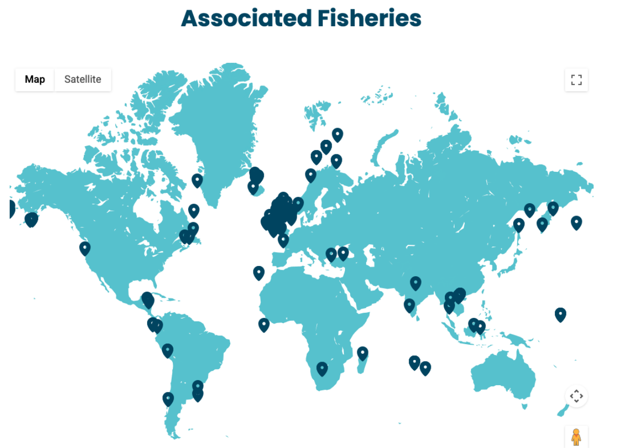 Screenshot of a world map from the ODP showing markers where fisheries are located around the world