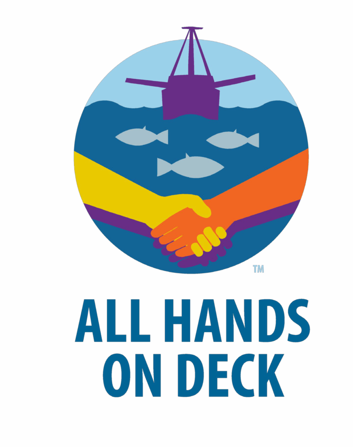 All Hands on Deck logo, showing an image of two hands clasped in front of a boat on the sea, with three fish.