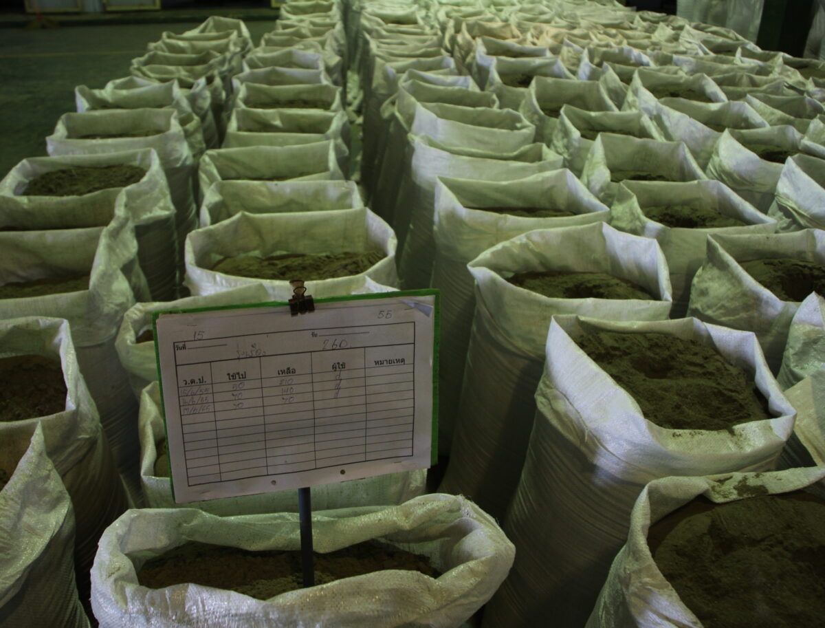 Bags of fishmeal lined up in rows