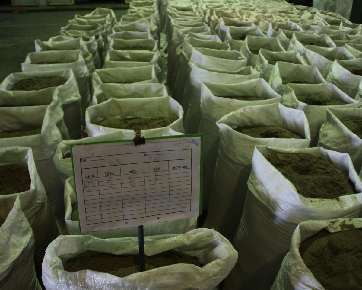 Bags of fishmeal lined up in rows