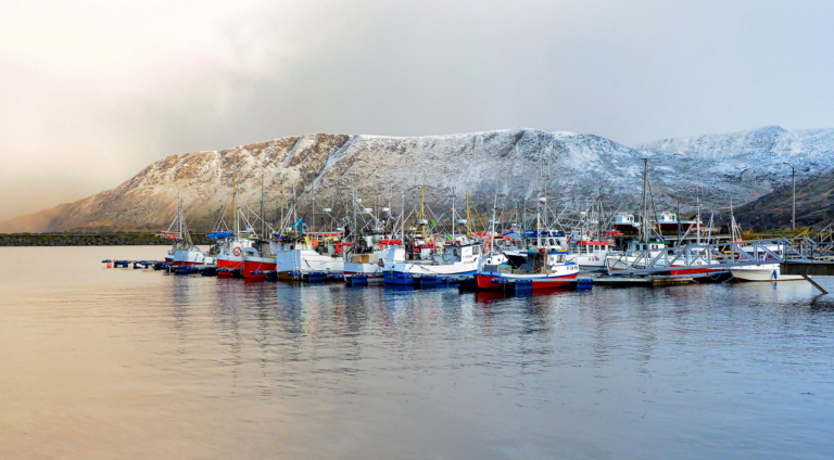 Norwegian fishing boats in harbor with snow-covered mountains behind them
