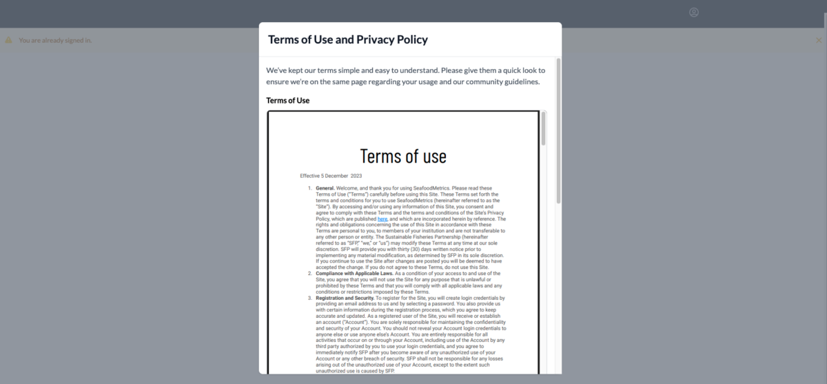 Screenshot of the new Metrics terms of use pop up box