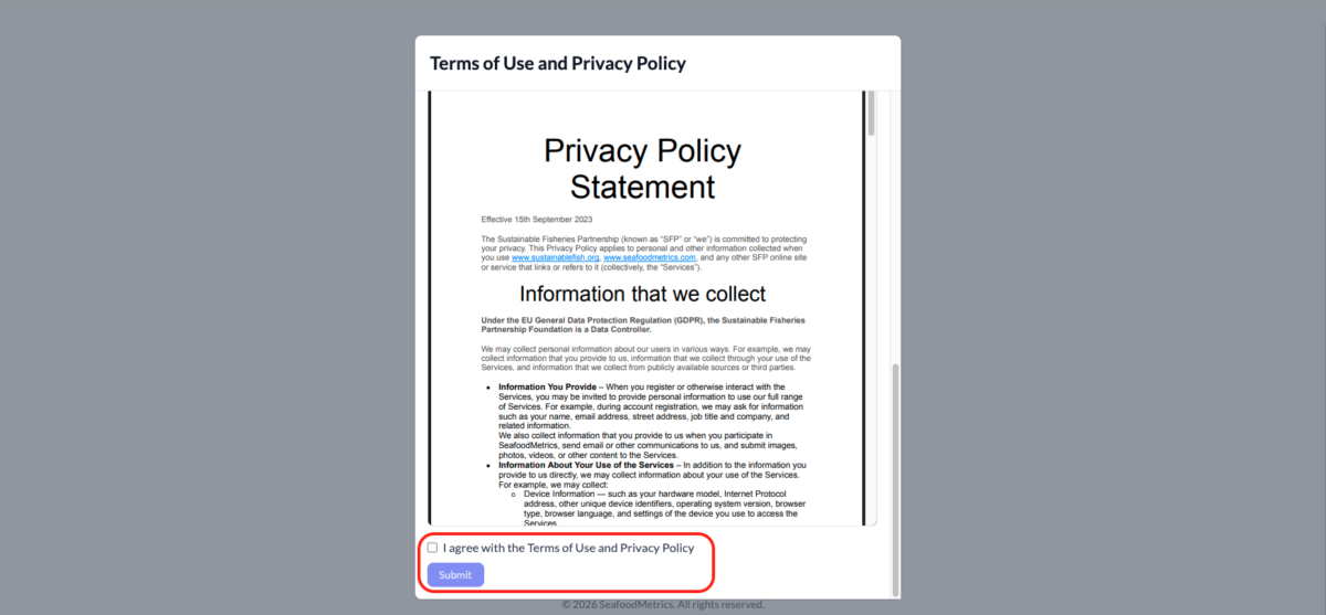 Screenshot of the accept section of the new Metrics terms of use pop up box