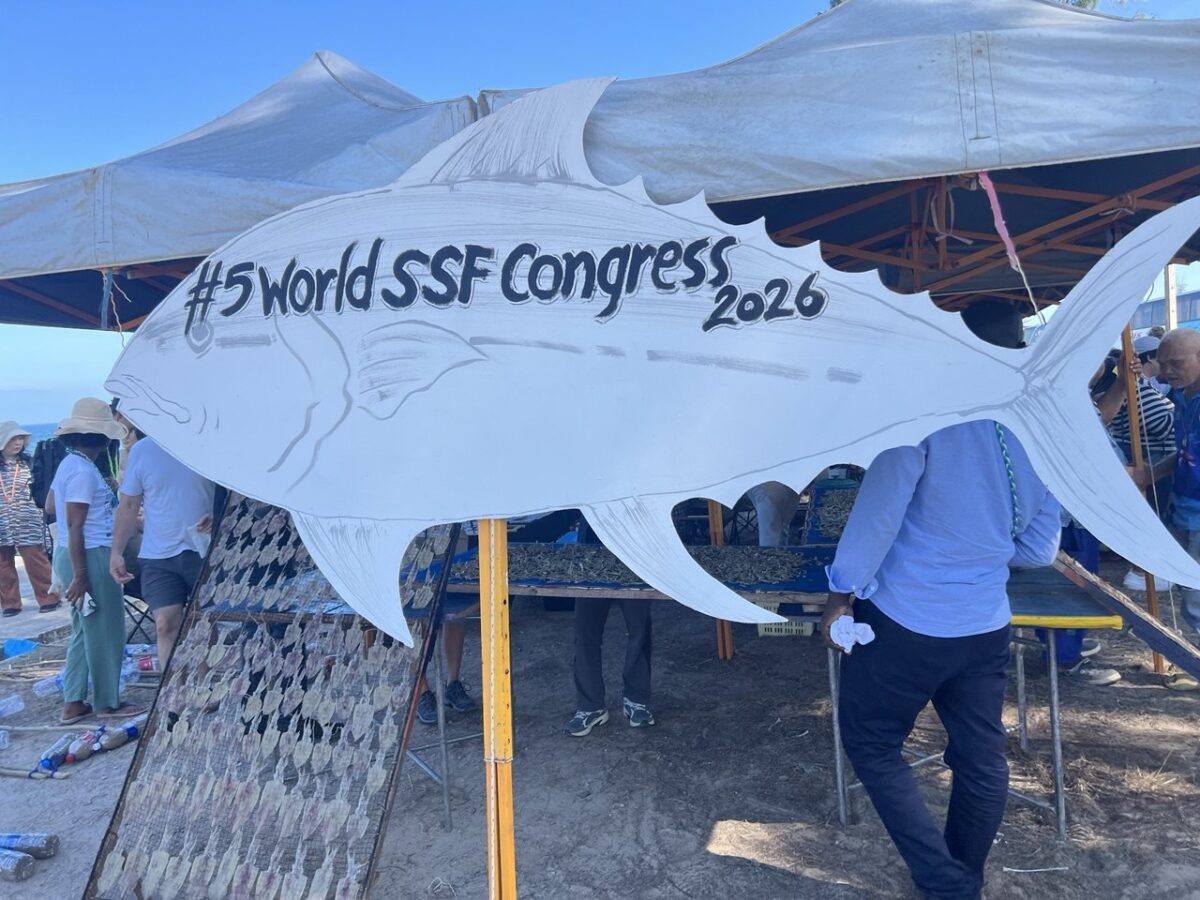 Sign at the World Small-Scale Fisheries Congress, showing lettering on a big white fish cut out