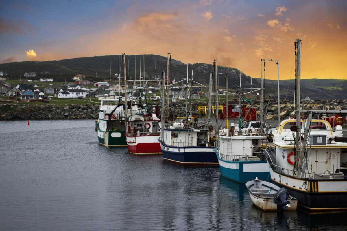 Boats in a harbor in a fishing village in Canada, at dawn with an orange sky behind them