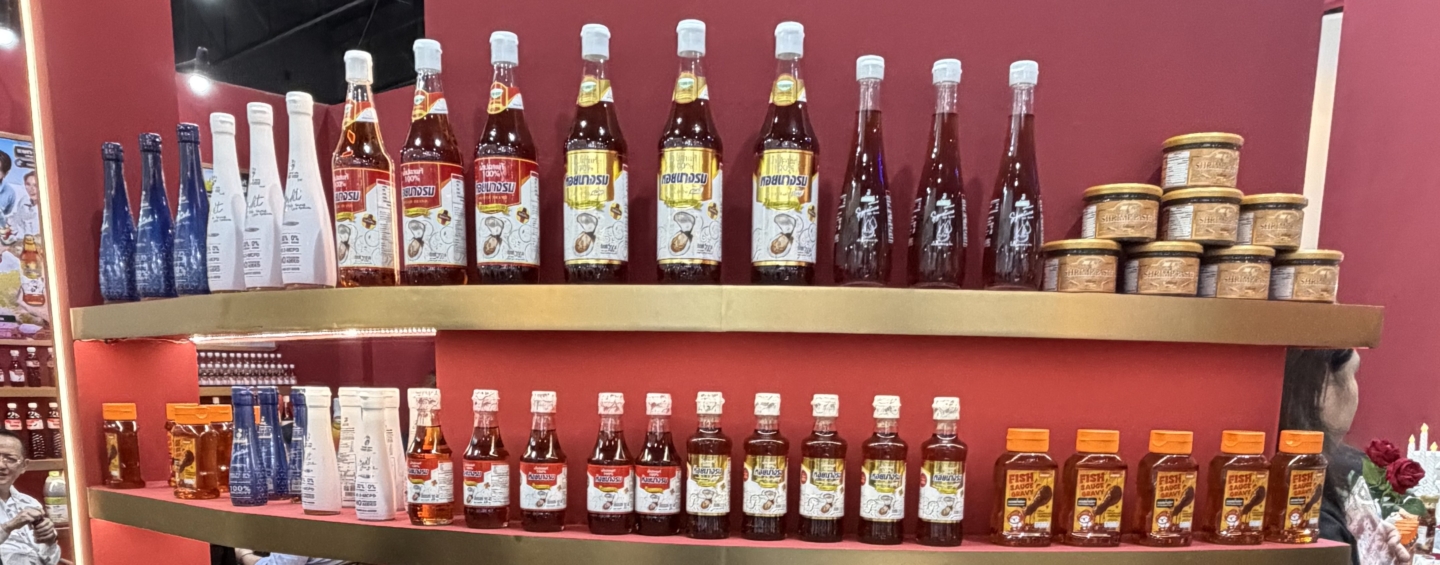 Bottles of Thai fish sauce on display at the THAIFEX trade show
