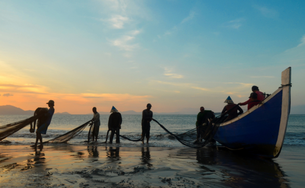 Fishermen bringing in nets onto a fishing boat on the beach at sunset