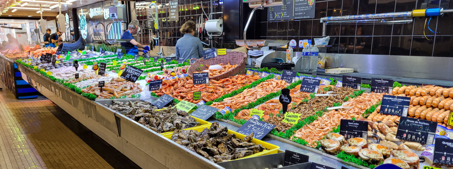 Fish counter at a market in France
