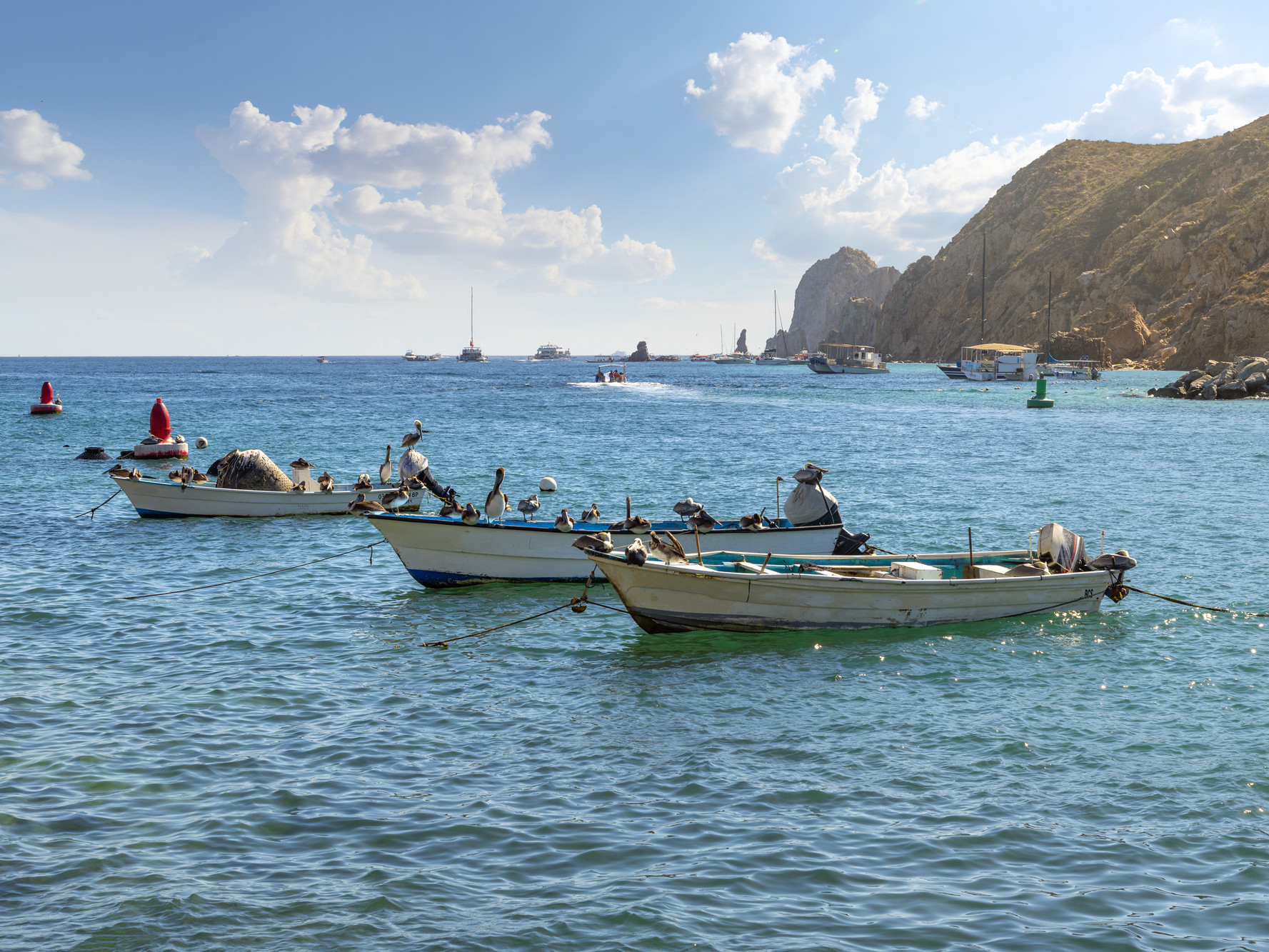 Three small fishing boats lined up in a bay in Cabo San Lucas, Mexico, with a rocky, hilly coastline behind them and white fluffy clouds above